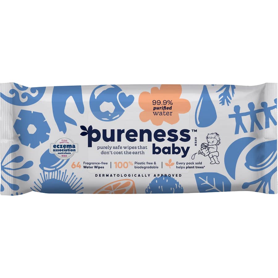 Pureness Baby Wipes: 99.9% purified water, fragrance-free, biodegradable, perfect for sensitive skin, eco-friendly choice for parents.
