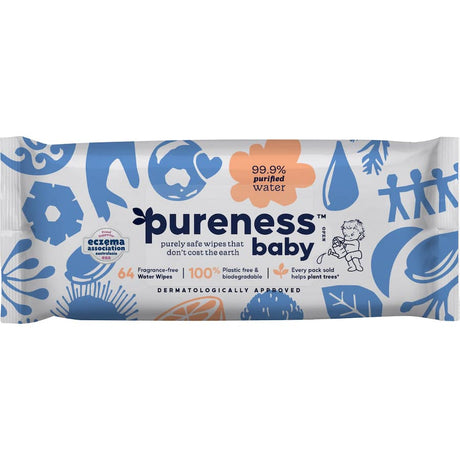 Pureness Baby Wipes: 99.9% purified water, fragrance-free, biodegradable, perfect for sensitive skin, eco-friendly choice for parents.
