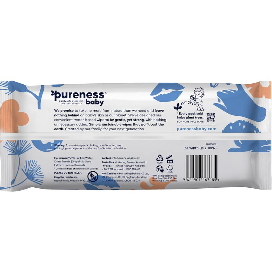 Pureness Baby Wipes are 99.9% purified water, eco-friendly, fragrance-free, safe for sensitive skin, and biodegradable.