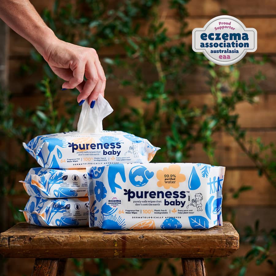 Pureness Baby Wipes: 99.9% purified water, fragrance-free, eco-friendly, gentle on sensitive skin, and tree-planting initiative.