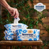 Pureness Baby Wipes: 99.9% purified water, fragrance-free, eco-friendly, gentle on sensitive skin, and tree-planting initiative.