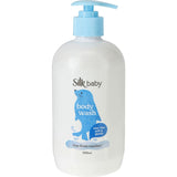 Silk Baby Body Wash in a pump bottle, featuring a gentle, lightly fragranced formula for delicate baby skin care.