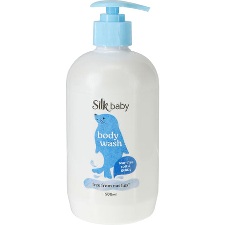 Silk Baby Body Wash in a pump bottle, featuring a gentle, lightly fragranced formula for delicate baby skin care.