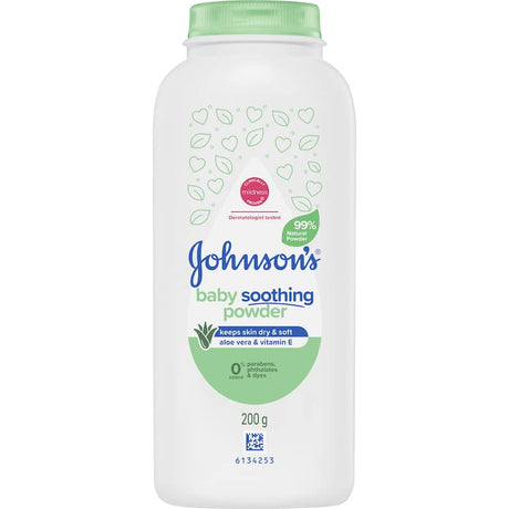 Johnson's Baby Powder with Aloe Vera & Vitamin E, a soothing, moisture-absorbing formula for delicate baby skin.