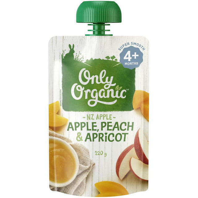 Smooth organic baby puree featuring apricot, peach, and apple for healthy first tastes and easy digestion.