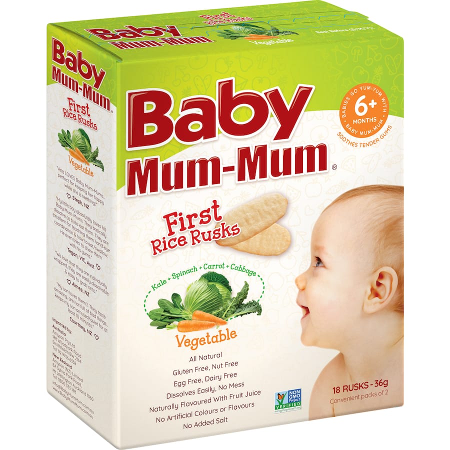 Baby Mum Mum Teething Rusks Rice Vegetable 36g, gluten-free, easy to digest, perfect for teething babies, 18 rusks in 2-packs.