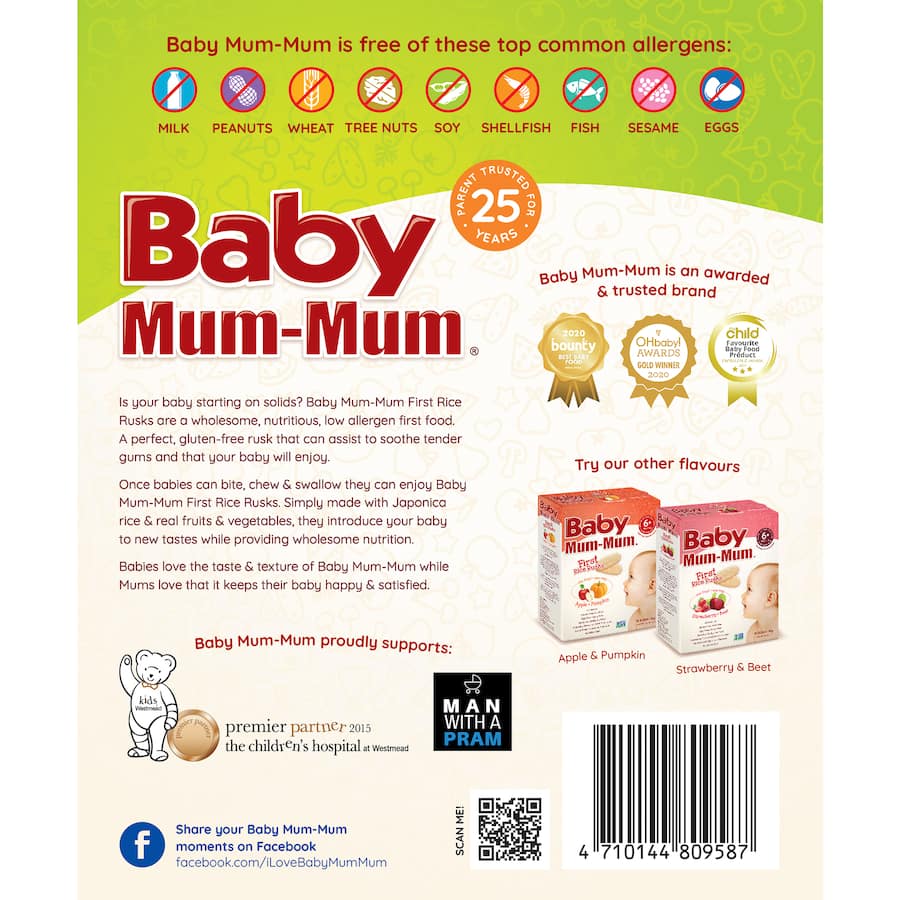 Baby Mum Mum Teething Rusks in Rice Vegetable flavor, gluten-free, easy to digest, perfect for teething infants on-the-go.