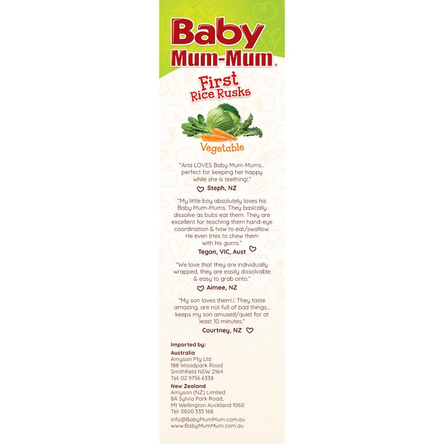 Baked Baby Mum Mum Rice Vegetable Teething Rusks, gluten-free, nut-free, and mess-free, perfect for developing infants.