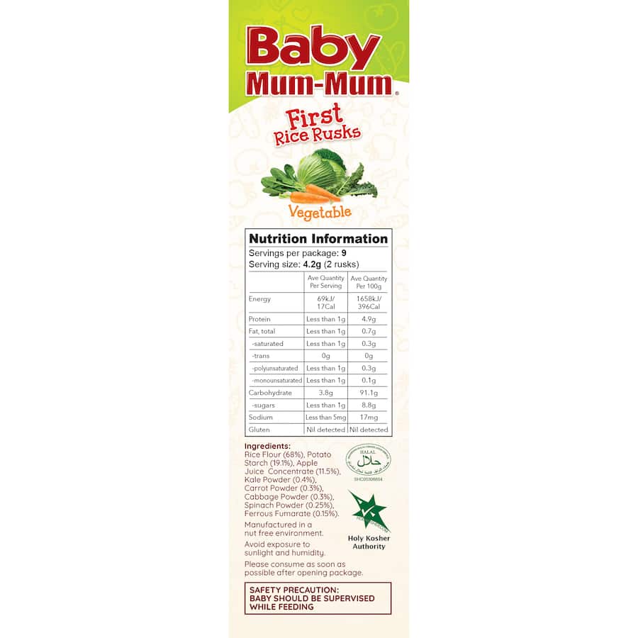 Baby Mum Mum Teething Rusks in Rice Vegetable flavor, gluten-free, easy to digest, ideal for teething infants, and mess-free.