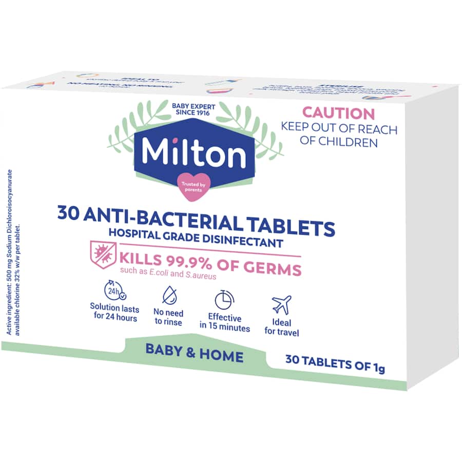 Milton Steriliser Tablets pack, featuring 30 anti-bacterial tablets for easy, effective sterilization of baby accessories.