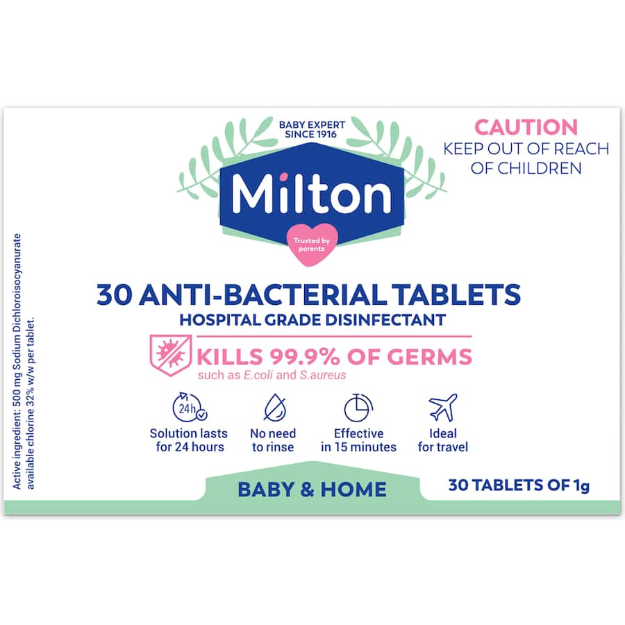 Milton Steriliser Tablets pack, containing 30 tablets for easy disinfection of baby feeding items, killing 99.9% of germs.
