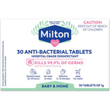 Milton Steriliser Tablets pack, containing 30 tablets for easy disinfection of baby feeding items, killing 99.9% of germs.
