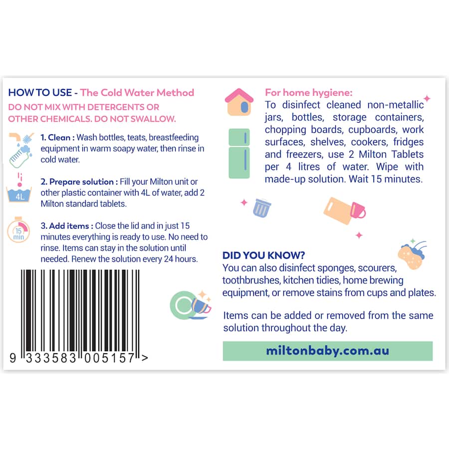 Milton Steriliser Tablets pack for disinfecting baby accessories, effective in 15 minutes, kills 99.9% of germs, no rinsing needed.