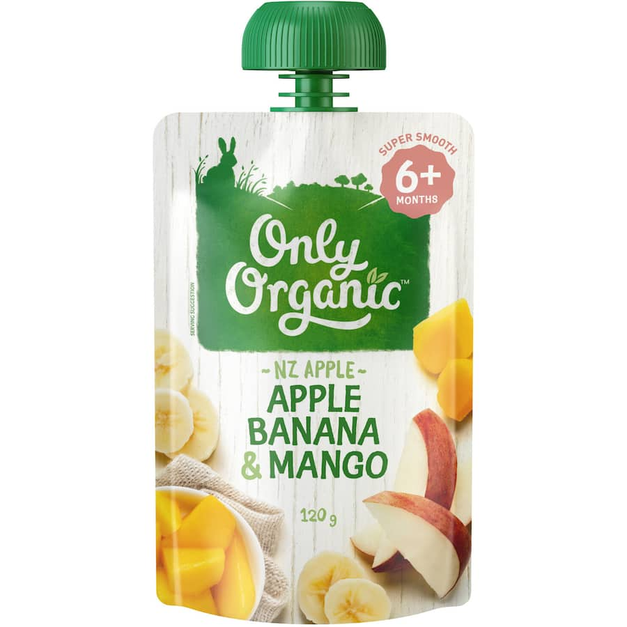 Smooth puree of organic apples, bananas, and mangoes, perfect for babies starting solid foods.