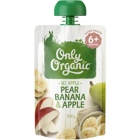 Organic Stage 2 baby food featuring a smooth puree of pear, banana, and apple, perfect for introducing solids.