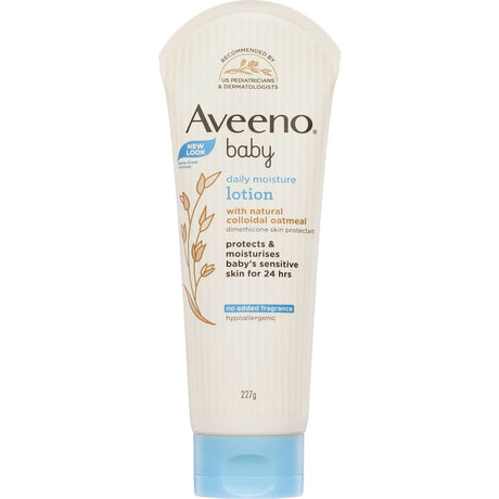 Aveeno Baby Daily Moisture Lotion: Hypoallergenic, non-greasy formula with colloidal oatmeal for 24-hour hydration.