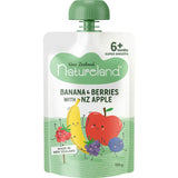 Natureland Baby Food Banana Berry Puree, a smooth blend of bananas, berries, and apples, perfect for nutritious baby meals.
