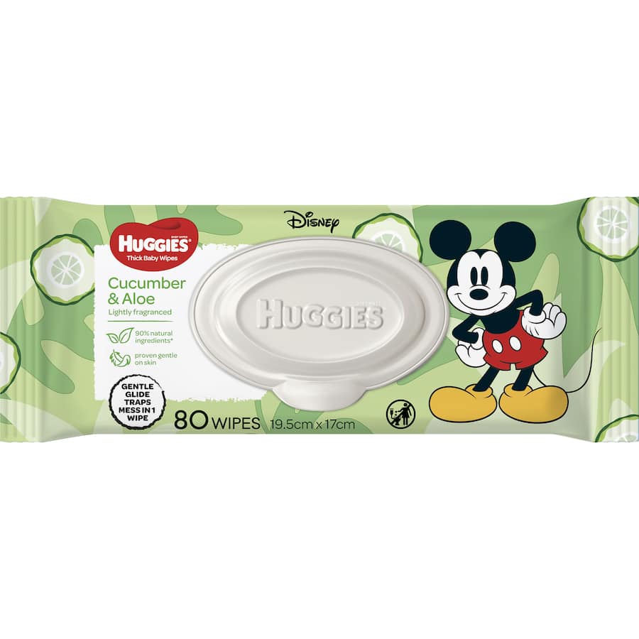 Huggies Thick Baby Wipes Cucumber & Aloe offer a gentle, effective clean with 90% natural ingredients for baby's delicate skin.