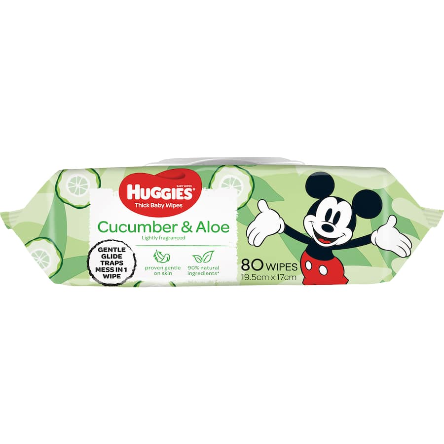 Huggies Thick Baby Wipes with cucumber and aloe offer gentle, effective cleaning with 90% natural ingredients for delicate skin.