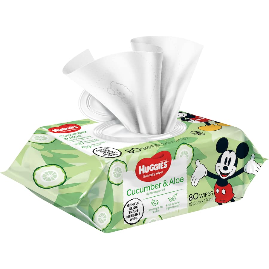 Huggies Thick Baby Wipes with cucumber and aloe provide a gentle, 3-in-1 clean using 90% natural ingredients for delicate skin.