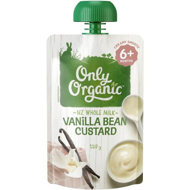 Creamy organic vanilla bean custard for babies, made with New Zealand whole milk, ideal for stage 2 weaning.