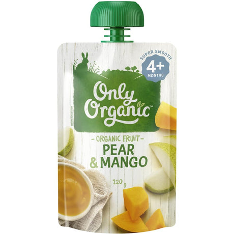 Only Organic Stage 1 Baby Food Pear & Mango in a convenient pouch, ideal first tastes for babies, made from organic fruits.