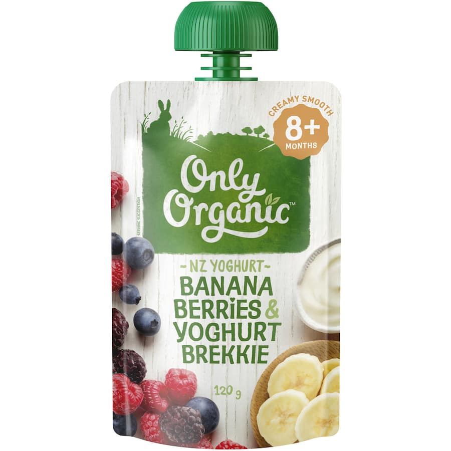 Organic baby food with banana, berries, and yoghurt, ideal for growing babies 10 months and up, providing essential nutrients.