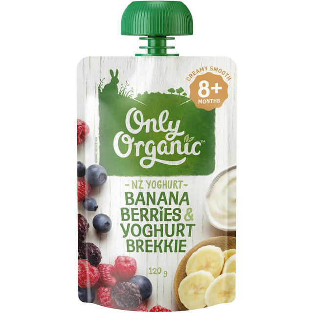 Organic baby food with banana, berries, and yoghurt, ideal for growing babies 10 months and up, providing essential nutrients.