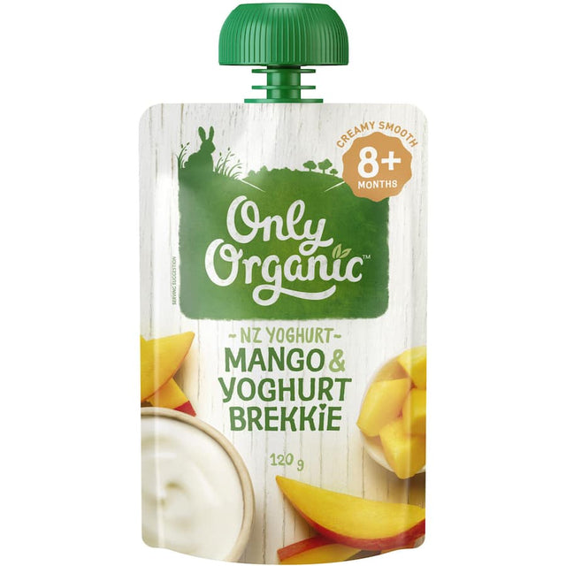 Organic stage 3 baby food featuring creamy mango and apple yoghurt, ideal for nutritious breakfasts and easy digestion.