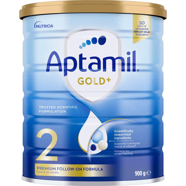 Aptamil Gold+2 formula for 6-12 month babies, enriched with prebiotics and probiotics for healthy growth and digestion.