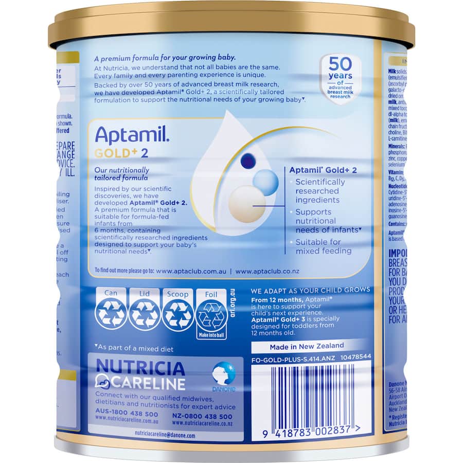 Aptamil Gold+2 Pronutra Biotik Baby Follow-on Formula designed for 6-12 months, enriched with prebiotics and probiotics.