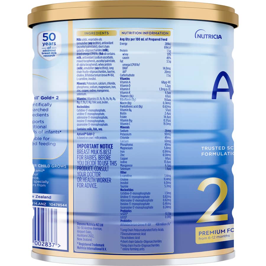 Aptamil Gold+2 follow-on formula for babies 6-12 months, enriched with prebiotics and probiotics for healthy growth and digestion.