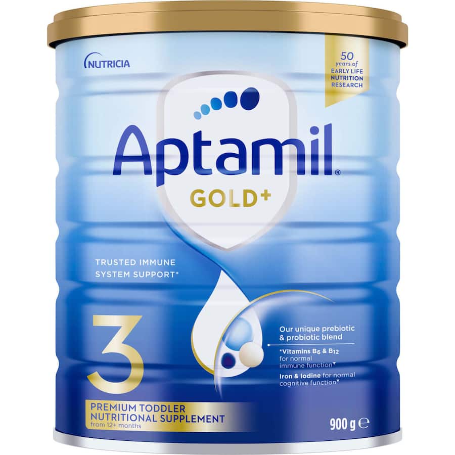 Aptamil Gold+3 Toddler Supplement with vitamins, probiotics, and omega-3 for healthy growth and immune support.