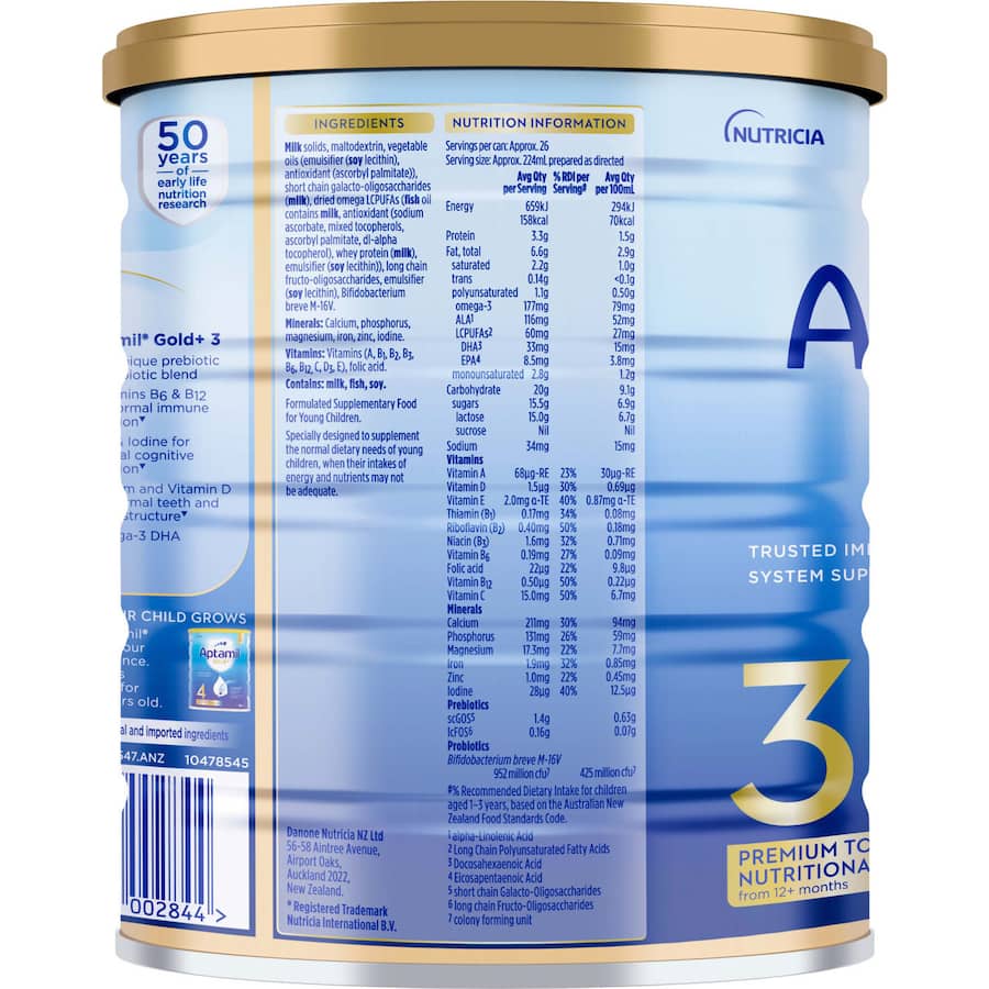 Aptamil Gold+3 toddler nutritional supplement with probiotics, vitamins, and minerals for healthy growth and immune support.