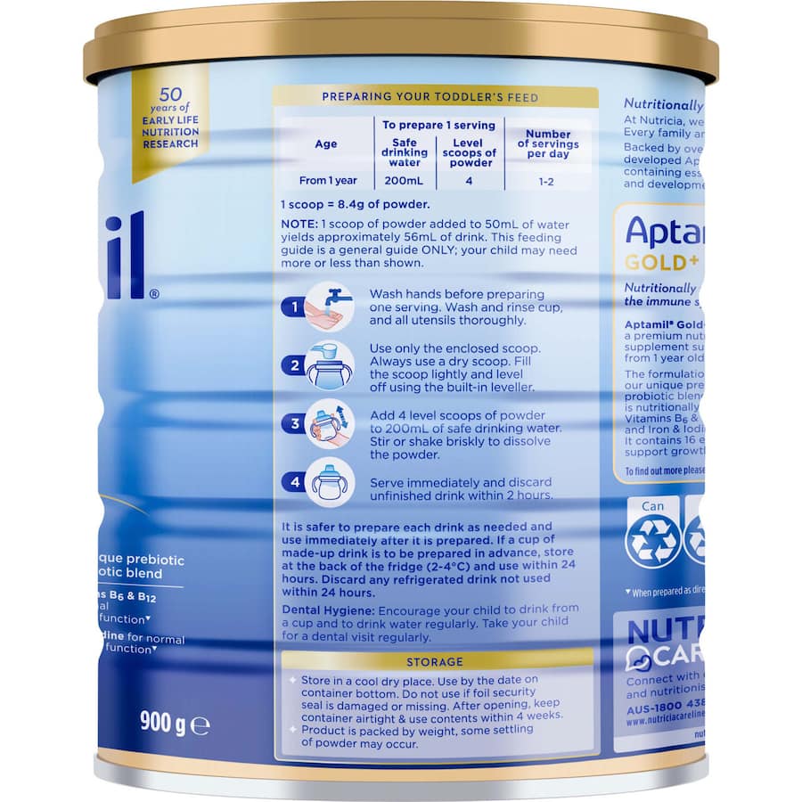 Aptamil Gold+3 Pronutra Biotik is a toddler nutritional supplement for growth, with vitamins, probiotics, and omega-3 DHA.