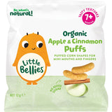 Organic apple and cinnamon puffs for babies, perfect for safe self-feeding and easy to hold with tiny fingers.