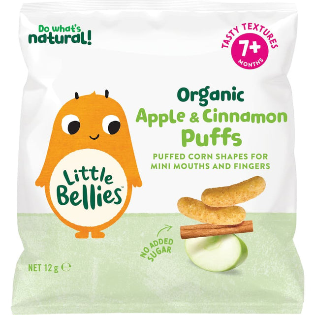 Organic apple and cinnamon puffs for babies, perfect for safe self-feeding and easy to hold with tiny fingers.