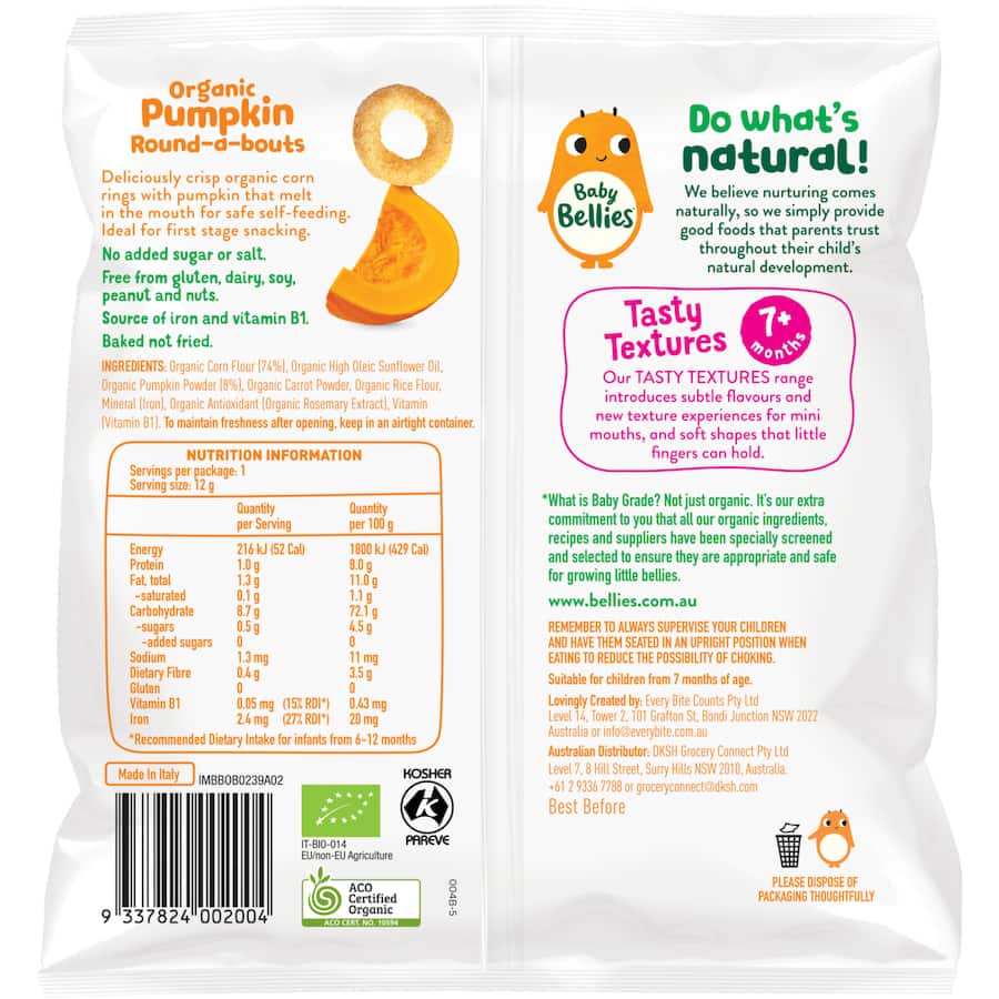 Organic Baby Bellies Pumpkin Round-a-bouts: melt-in-mouth, crisp corn rings for safe self-feeding and flavor exploration.