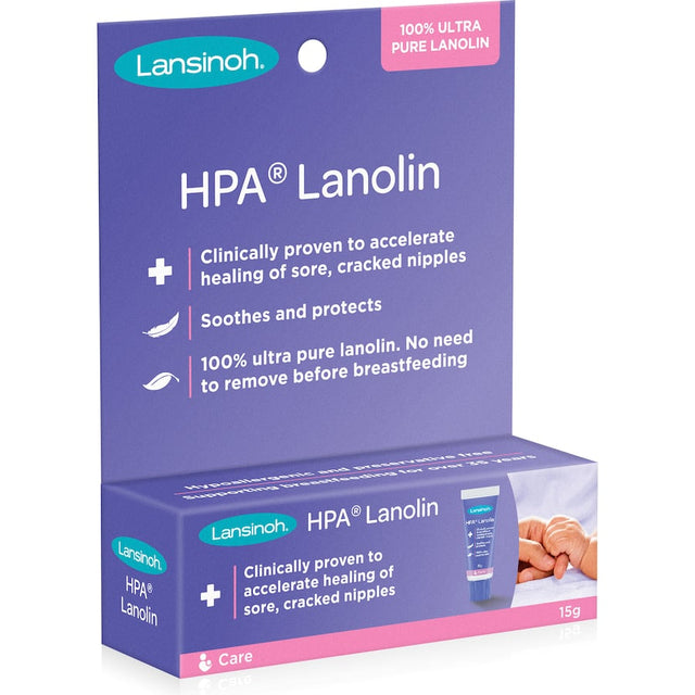 Lansinoh HPA Lanolin Nipple Cream offers soothing relief for sore nipples, made from 100% pure lanolin, safe for breastfeeding.
