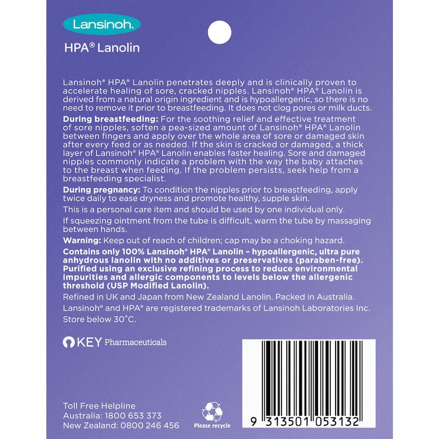 Lansinoh HPA Lanolin Nipple Cream for breastfeeding, soothing cracked nipples with 100% pure, hypoallergenic lanolin.