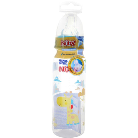 Nuby Baby Bottle featuring a vibrant design, BPA-free, with a medium flow silicone teat for easy breastfeeding transition.