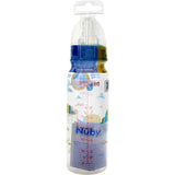 Nuby Baby Bottle with vibrant print and medium flow silicone teat, perfect for smooth breastfeeding transition. BPA-free.
