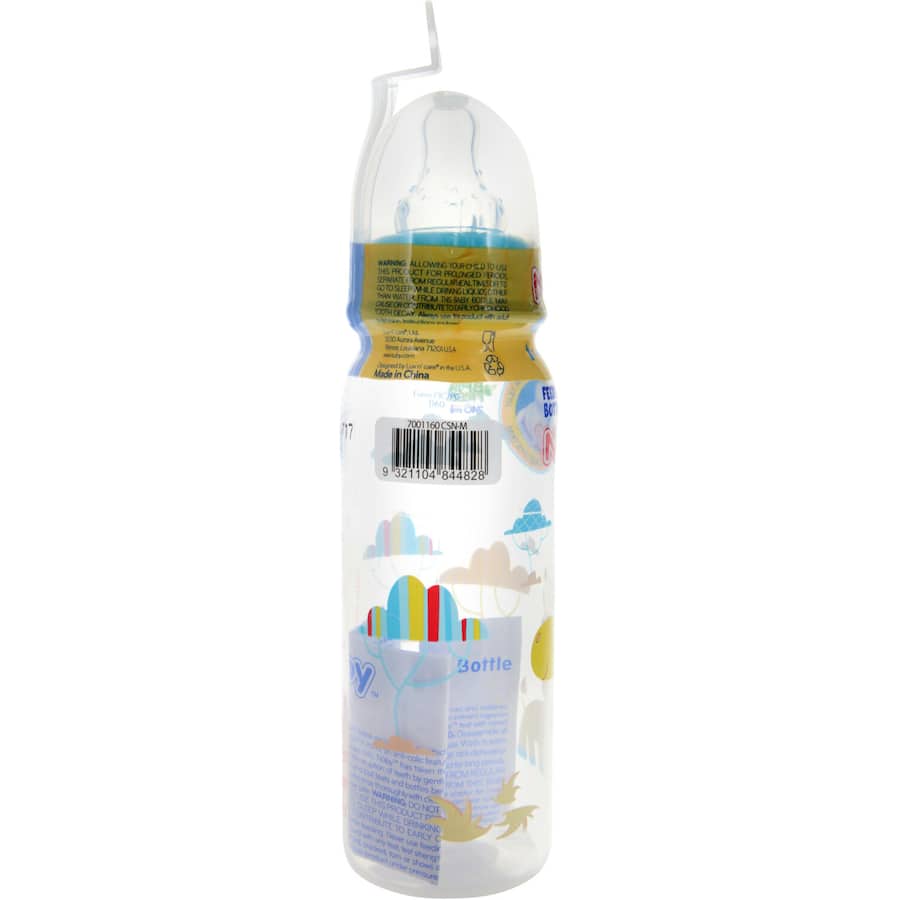 A colorful, BPA-free Nuby baby bottle with a medium flow silicone teat for easy breastfeeding transitions.