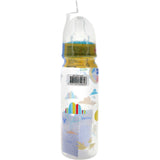 A colorful, BPA-free Nuby baby bottle with a medium flow silicone teat for easy breastfeeding transitions.