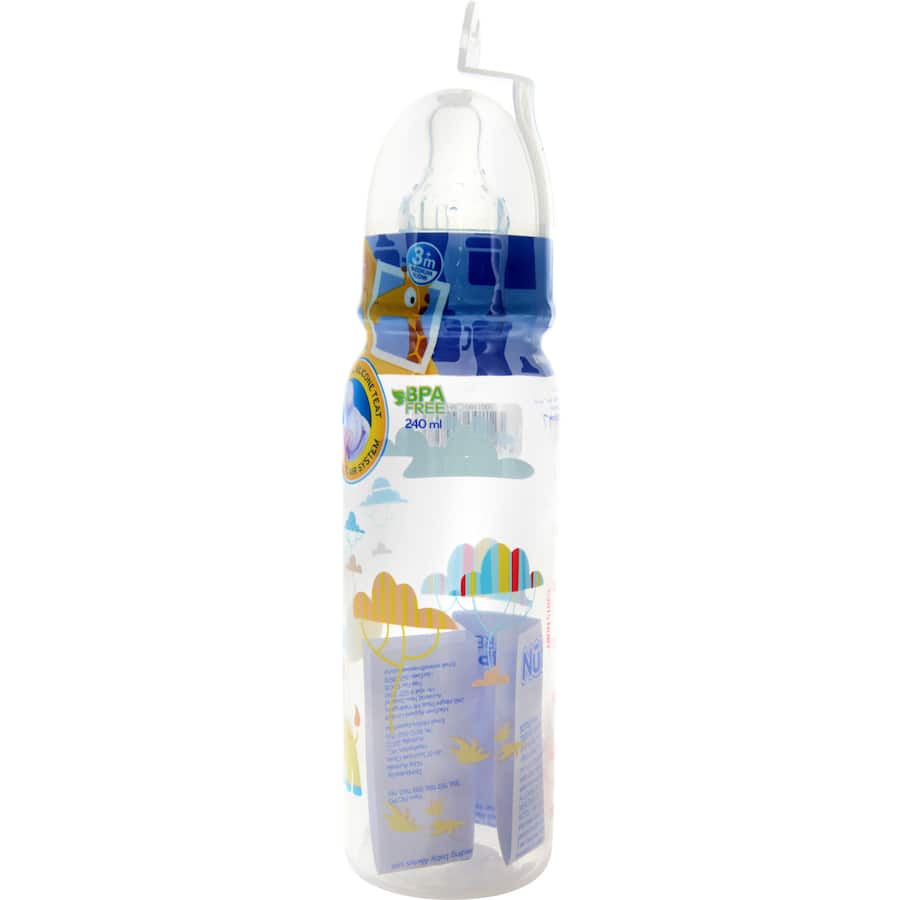 Nuby Baby Bottle with vibrant design, BPA-free, medium flow silicone teat for easy breastfeeding transition.