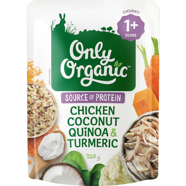 Organic baby food blend of chicken, coconut, and quinoa for nutritious growth, suitable for babies 6 months and older.