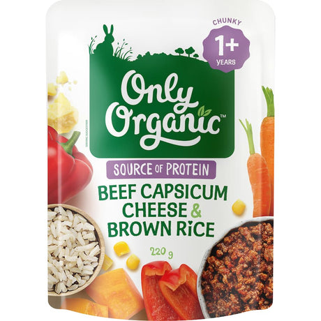 Organic baby food with beef, capsicum, cheese, and rice for nutritious, tasty meals for babies 6 months and older.