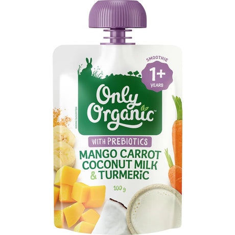 Organic baby food blend of mango, carrot, coconut milk, and turmeric, ideal for infants 6 months and older.