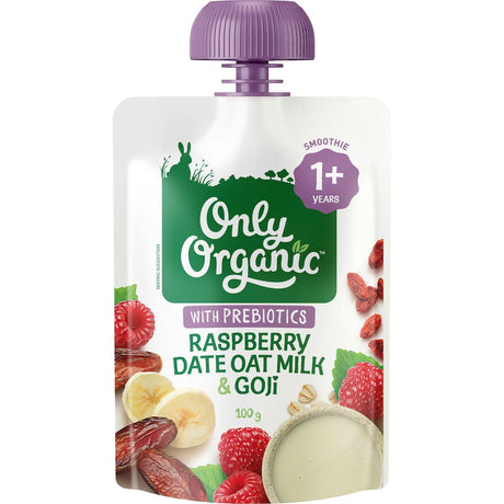 Organic baby food blend of raspberry, date, oat milk, and goji, rich in nutrients and perfect for growing infants.