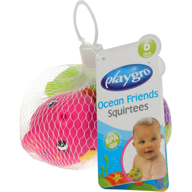 Brightly colored Playgro bath squirtees featuring a turtle, fish, and duck, designed for fun sensory play in the water.